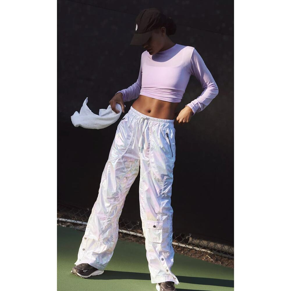 Free People Iridescent White Holographic Track Pants